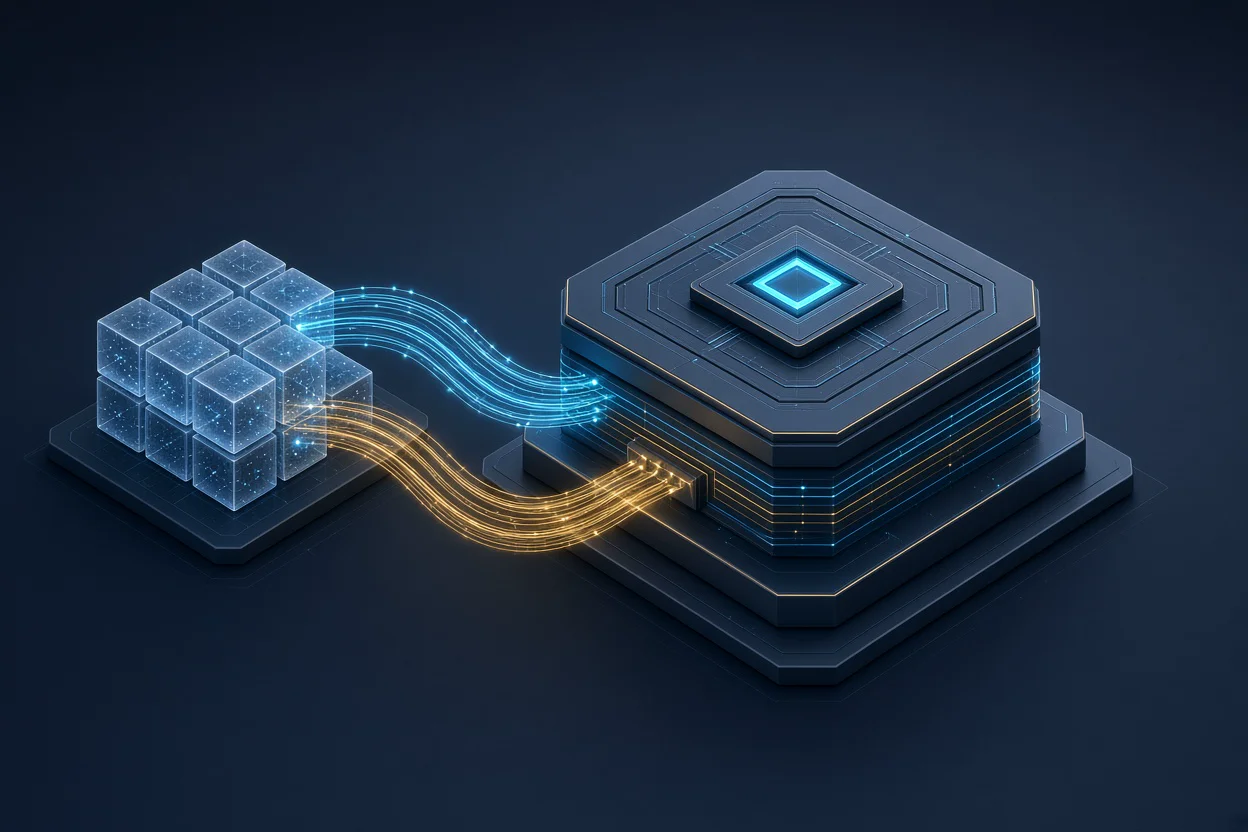 Architectural concept illustration: an event-driven operating system kernel with durable work state blocks, asynchronous data flows, and wait-wake scheduling for autonomous agents.